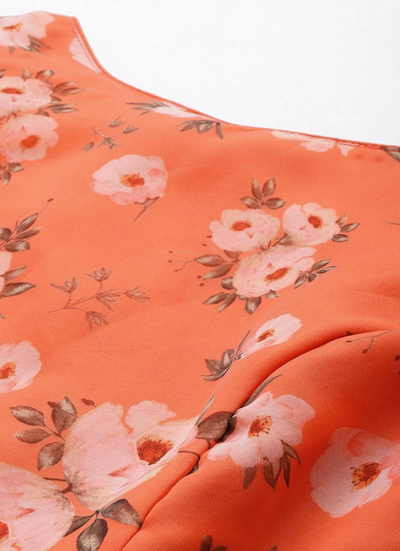 Orange Digital Printed Organza Dress After Six Wear - Image 5