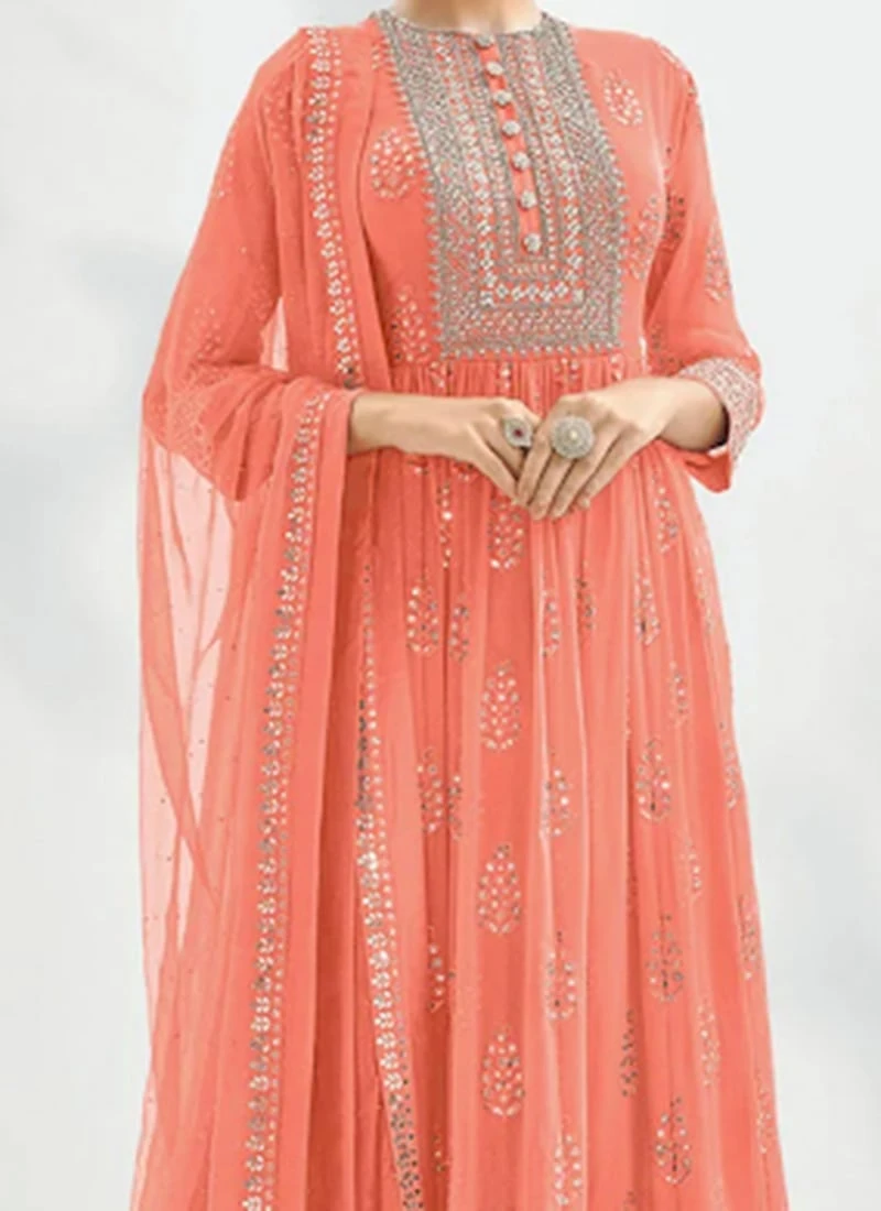 Peach Georgette Tikki Work Anarkali Suit Party Wear