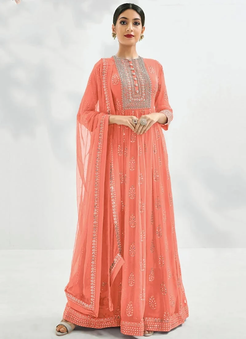 Peach Georgette Tikki Work Anarkali Suit Party Wear - Image 3