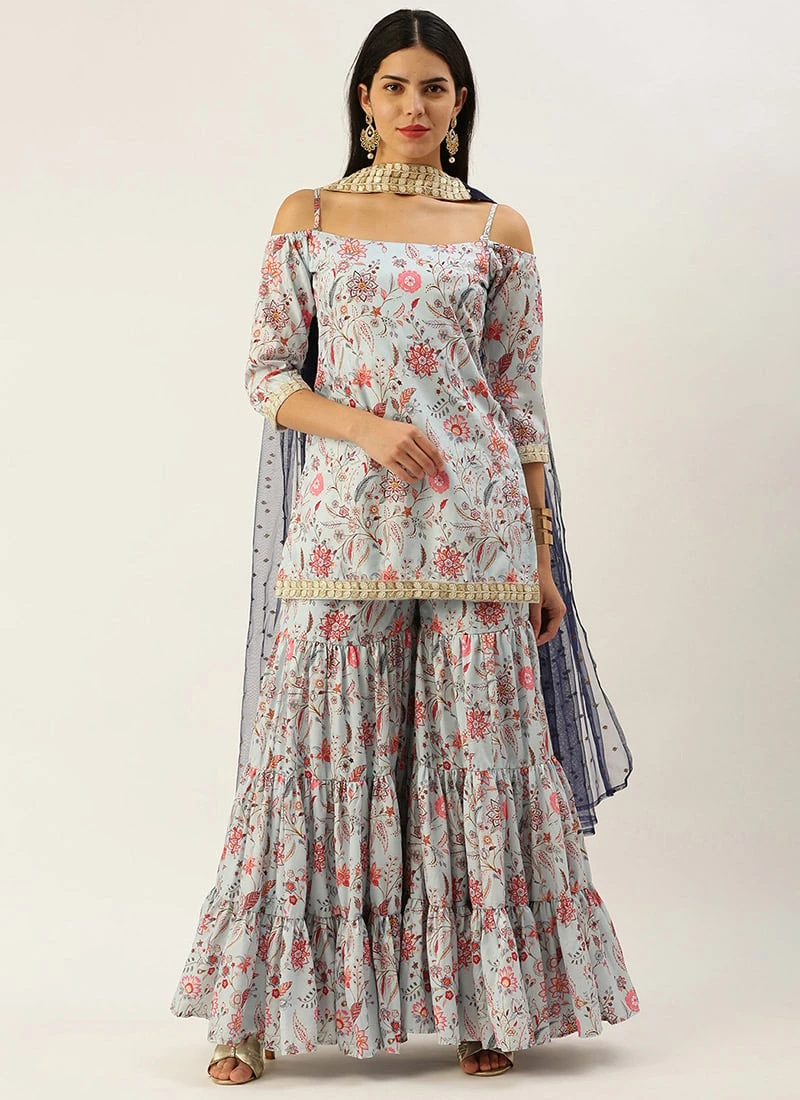 Bottom From Pale Blue Lily Art Silk Printed Gharara Set After Six Wear - Image 3