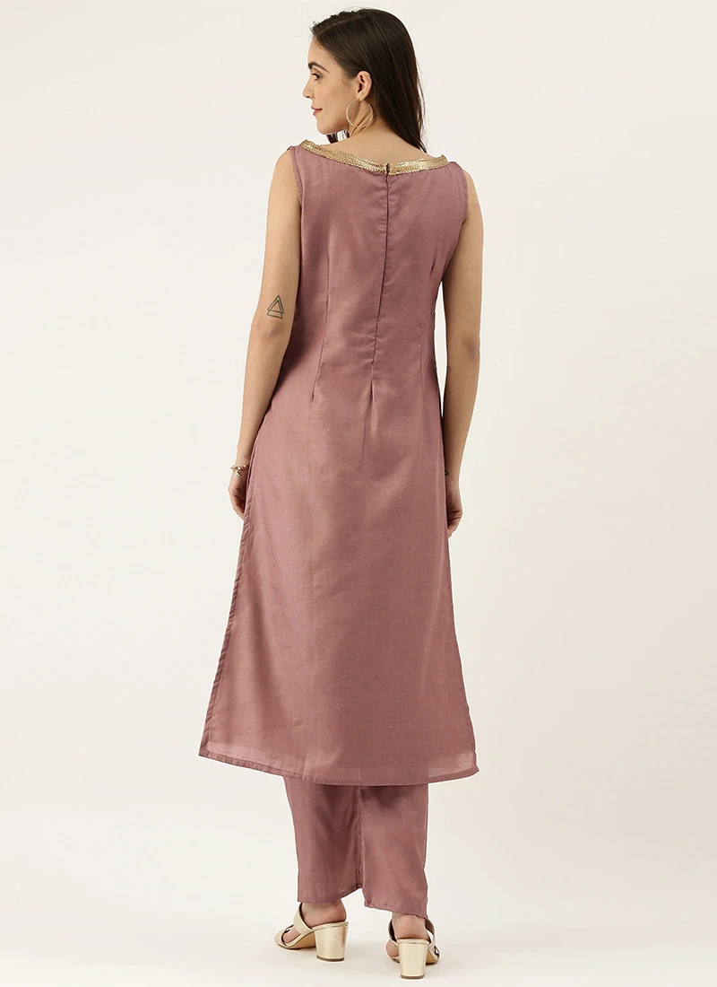 Pale Mauve Satin Boat Neck N Straight Pant Suit Festive Wear - Image 4