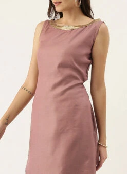 Pale Mauve Satin Boat Neck N Straight Pant Suit Festive Wear