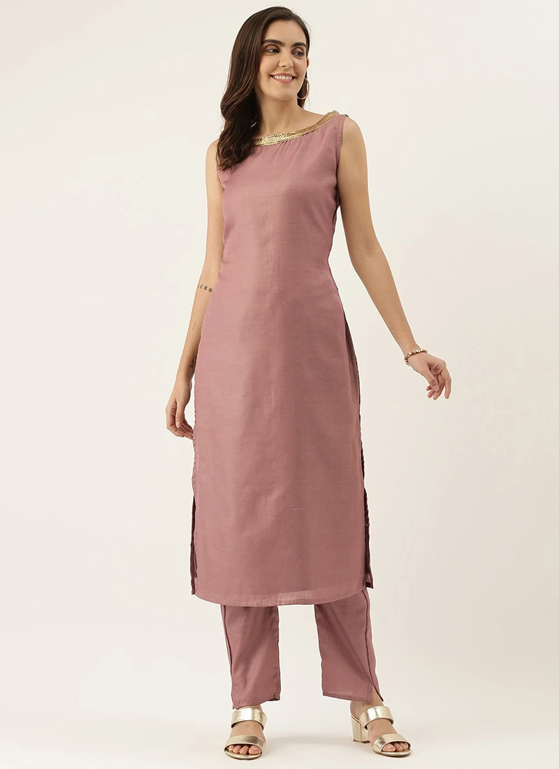 Pale Mauve Satin Boat Neck N Straight Pant Suit Festive Wear - Image 3