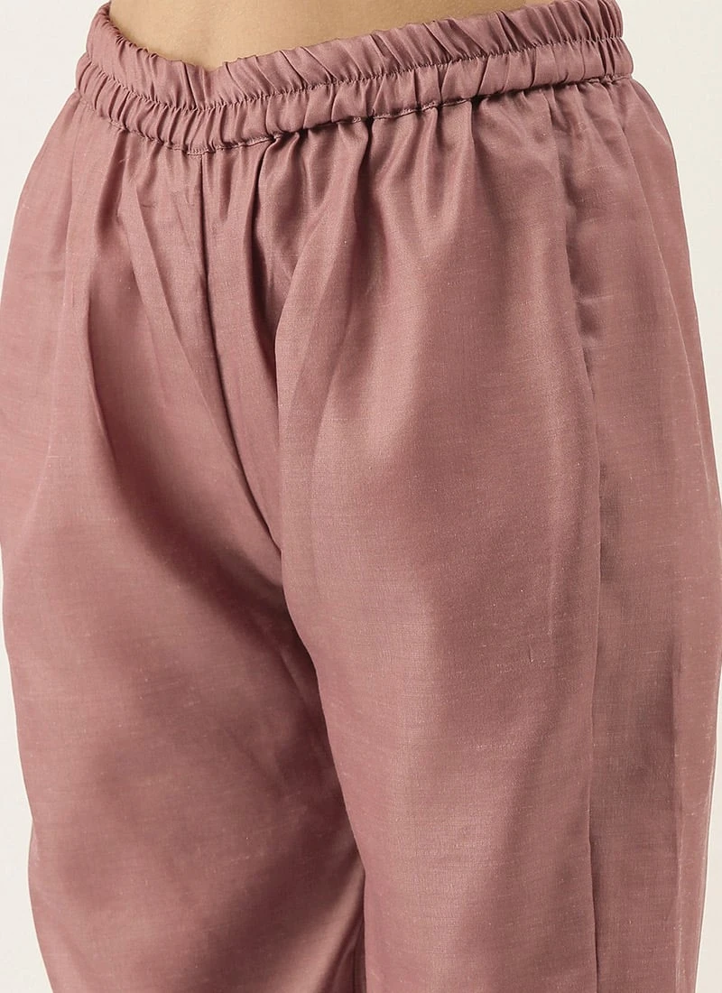 Pale Mauve Satin Boat Neck N Straight Pant Suit Festive Wear - Image 6