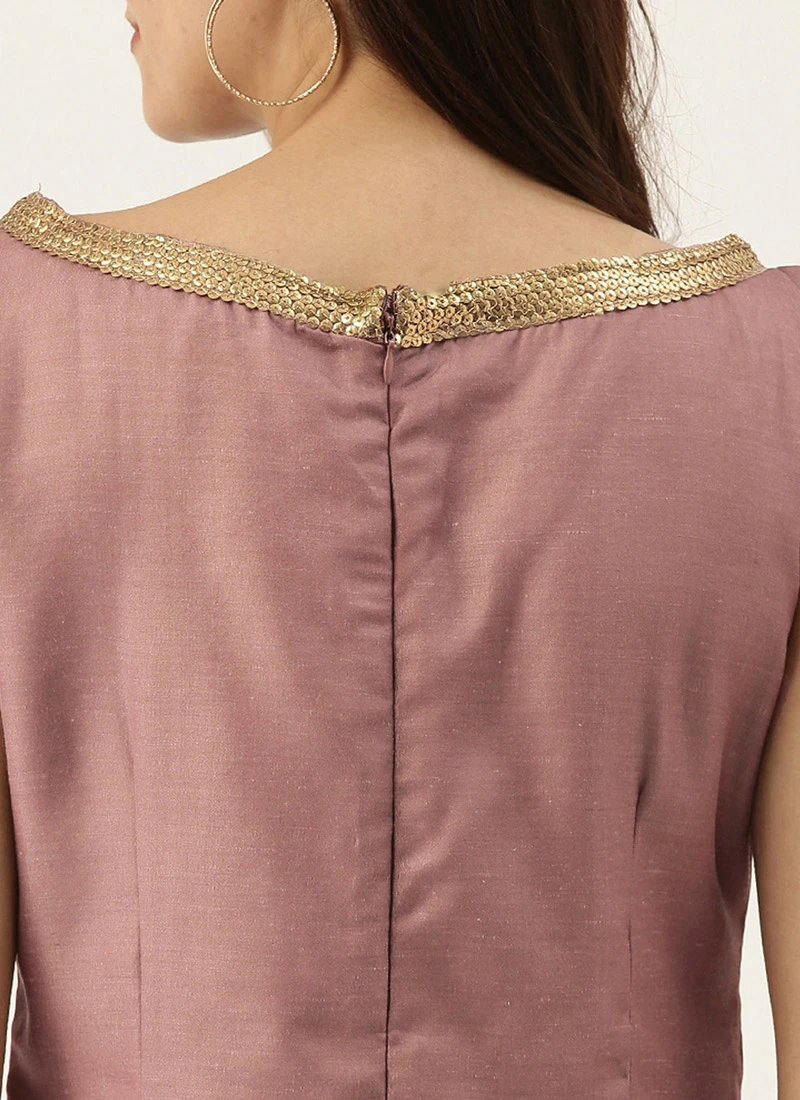 Pale Mauve Satin Boat Neck N Straight Pant Suit Festive Wear - Image 8