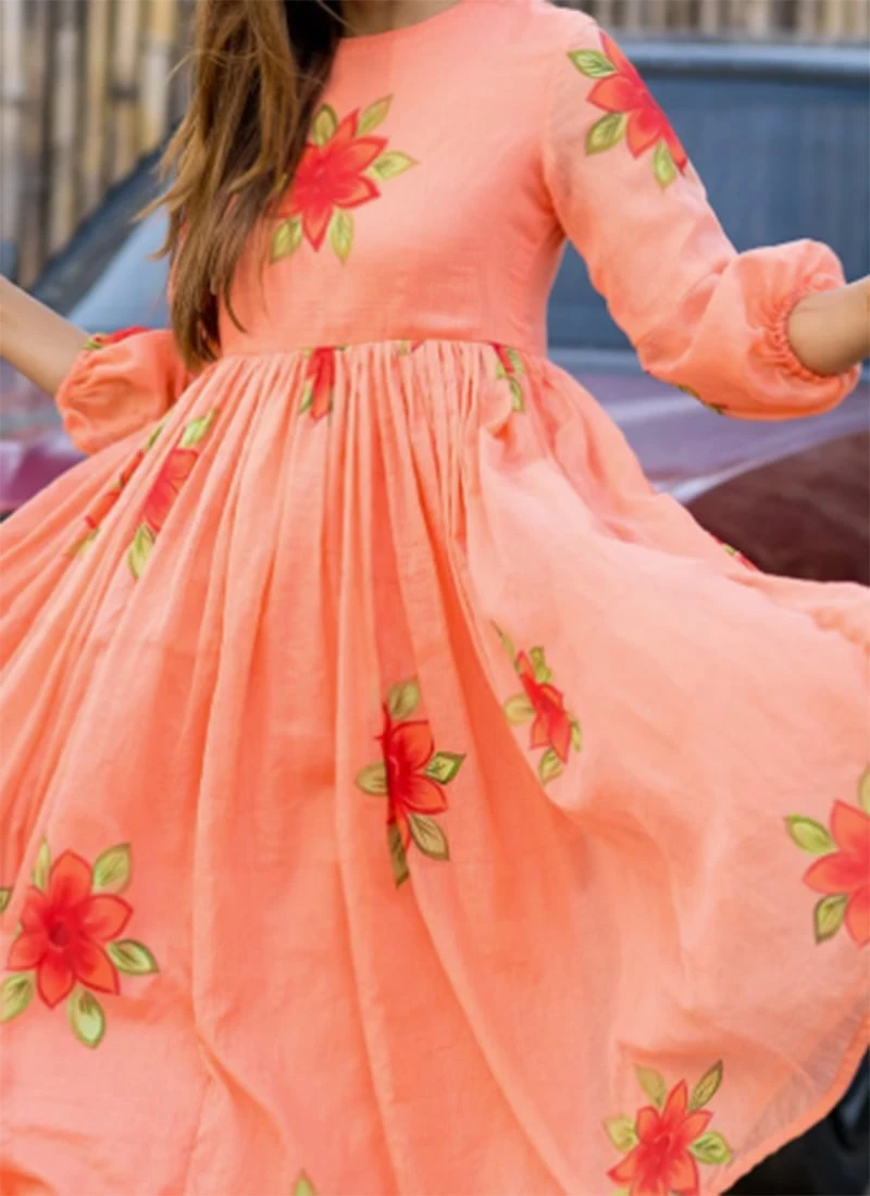 Peach Faux Chiffon Digital Print Fit And Flare Dress After Six Wear