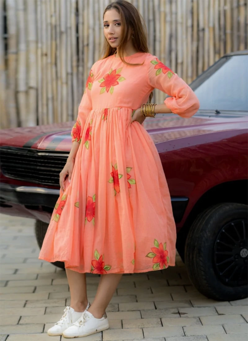 Peach Faux Chiffon Digital Print Fit And Flare Dress After Six Wear - Image 3