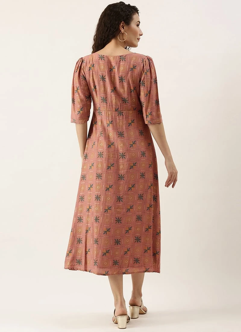 Peach Foil Printed A Line Dress After Six Wear Work Wear - Image 4
