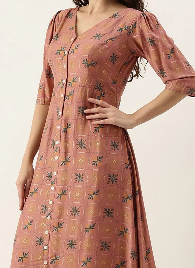 Peach Foil Printed A Line Dress After Six Wear Work Wear