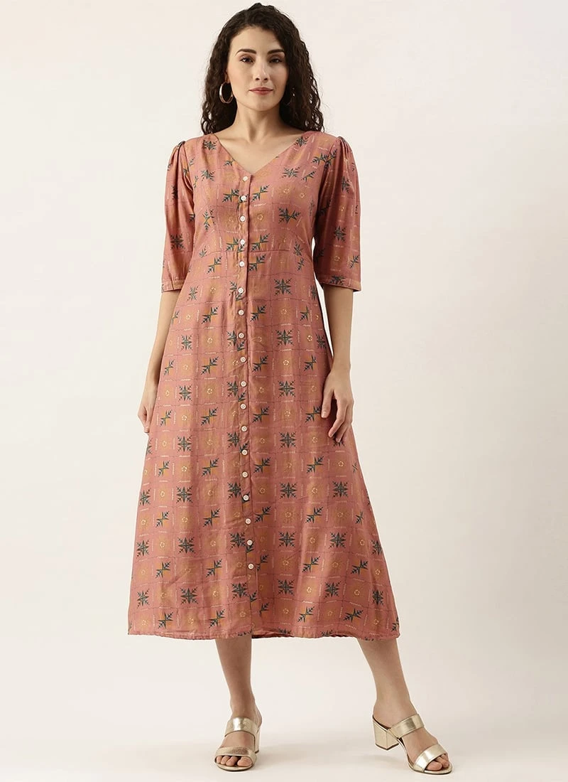 Peach Foil Printed A Line Dress After Six Wear Work Wear - Image 3