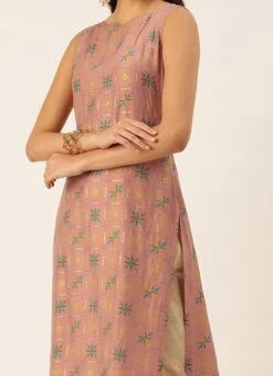 Peach Foil Printed Kurta N Straight Pant Set Festive Wear Work Wear
