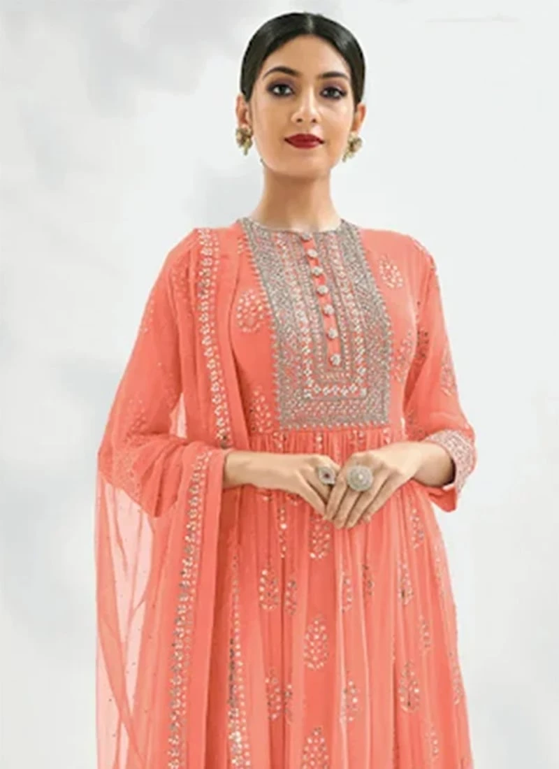 Peach Georgette Tikki Work Anarkali Suit Party Wear - Image 4