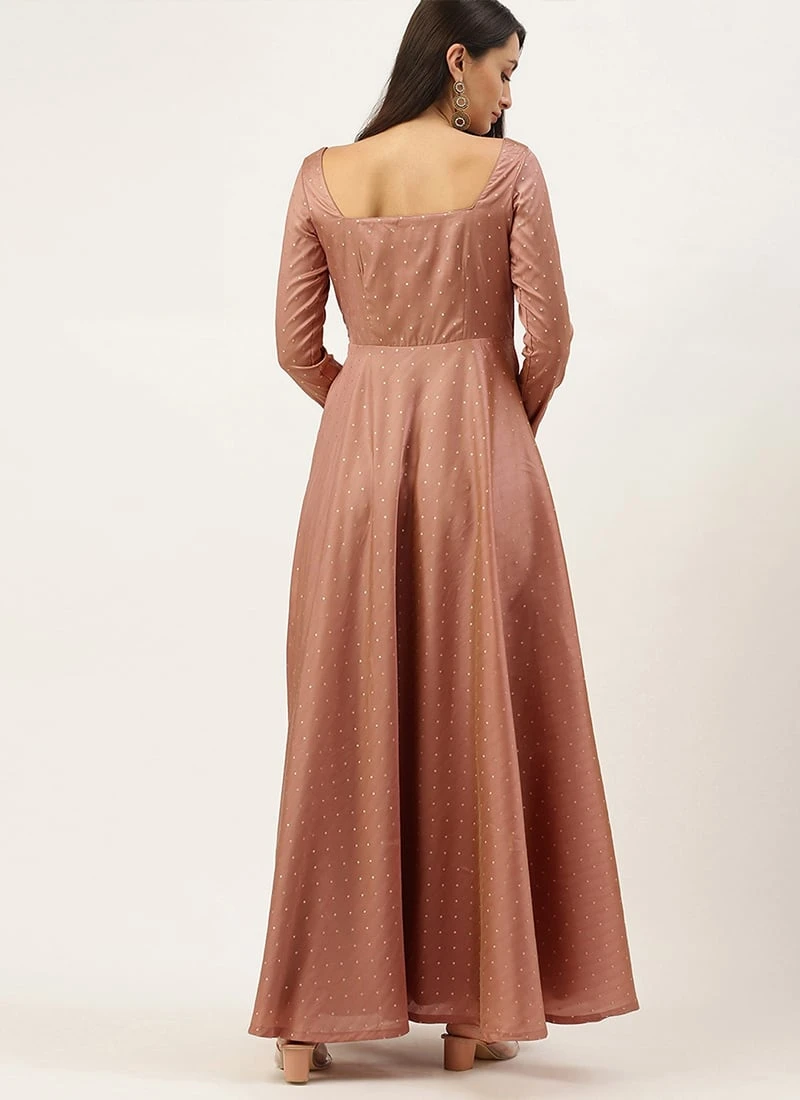 Peach Jacquard Fit N Flare Dress Festive Wear - Image 4