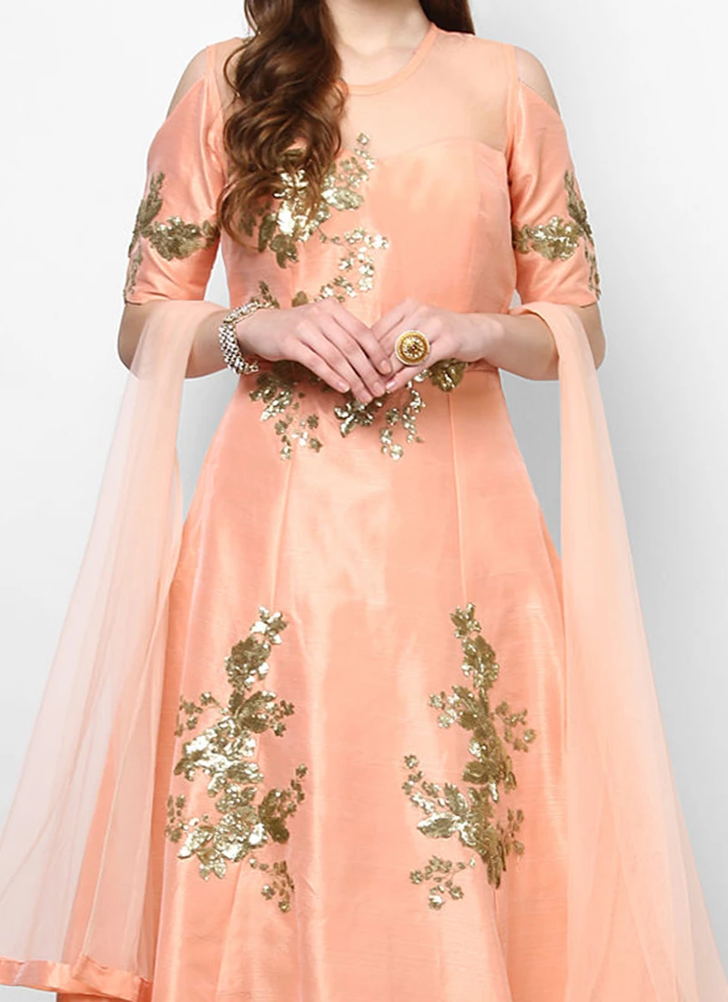 Peach Silk Embroidered Anarkali Suit Party Wear