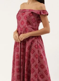 Pink Art Silk Digital Printed Off Shoulder Dress Festive Wear