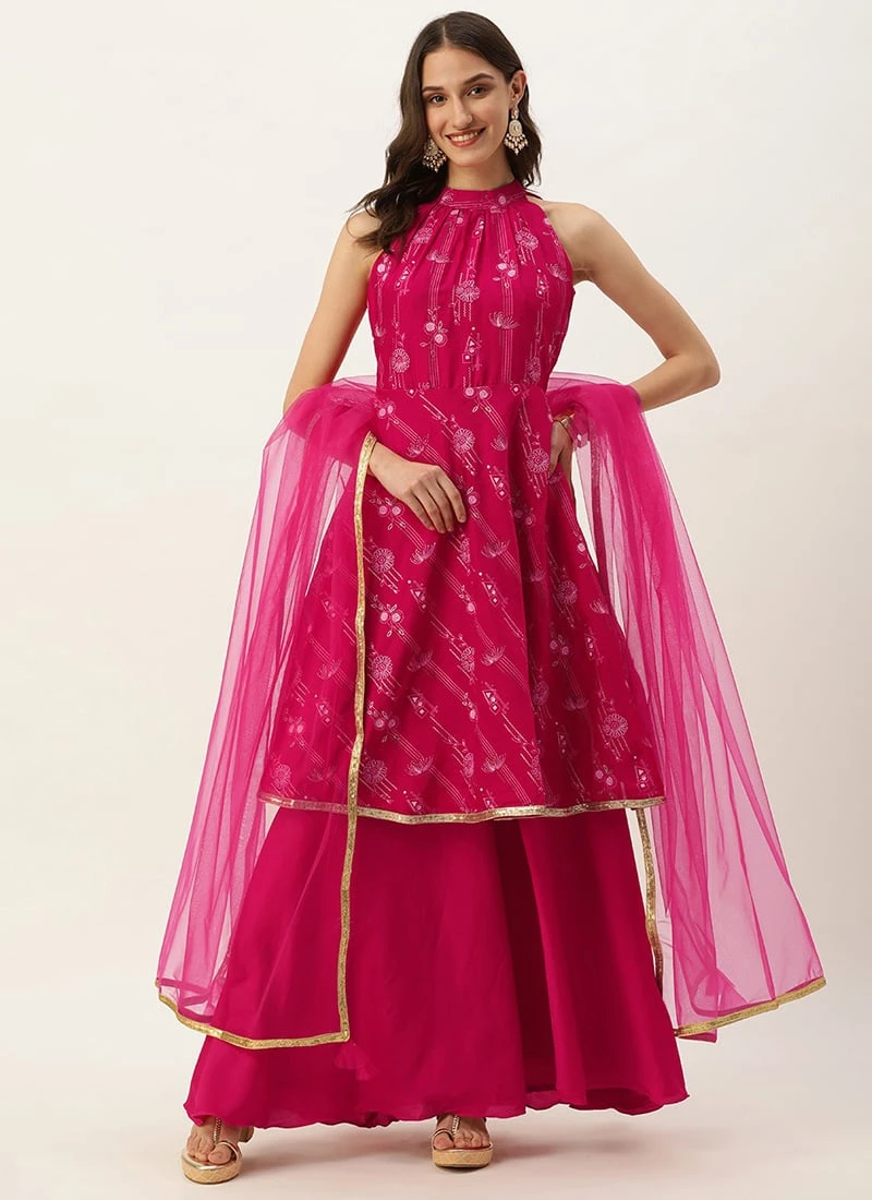 Bottom From Pink Art Silk Halter Neck Sharara Suit After Six Wear - Image 3