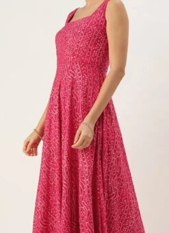 Pink Bandhani Printed Rayon Strap Neck Dress Festive Wear