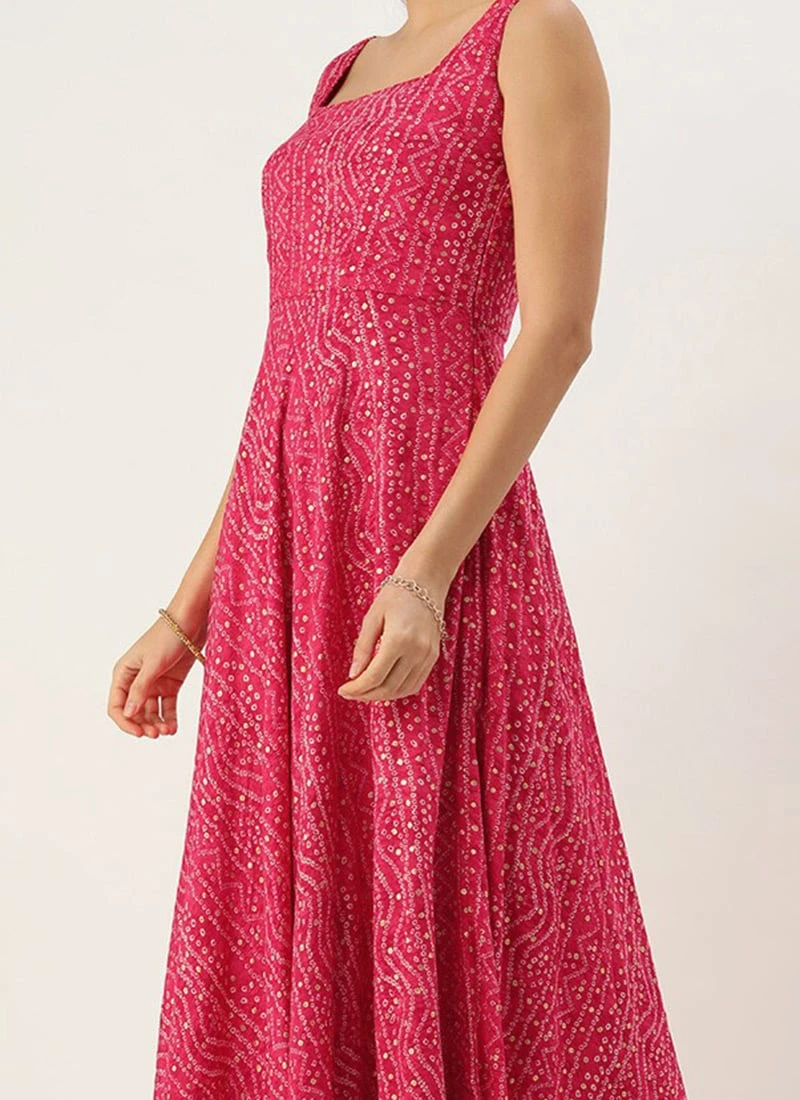 Pink Bandhani Printed Rayon Strap Neck Dress Festive Wear
