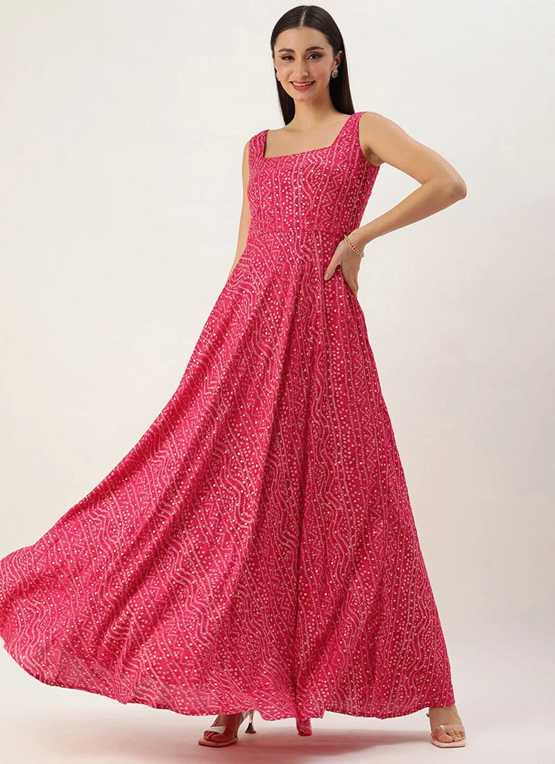 Pink Bandhani Printed Rayon Strap Neck Dress Festive Wear - Image 3