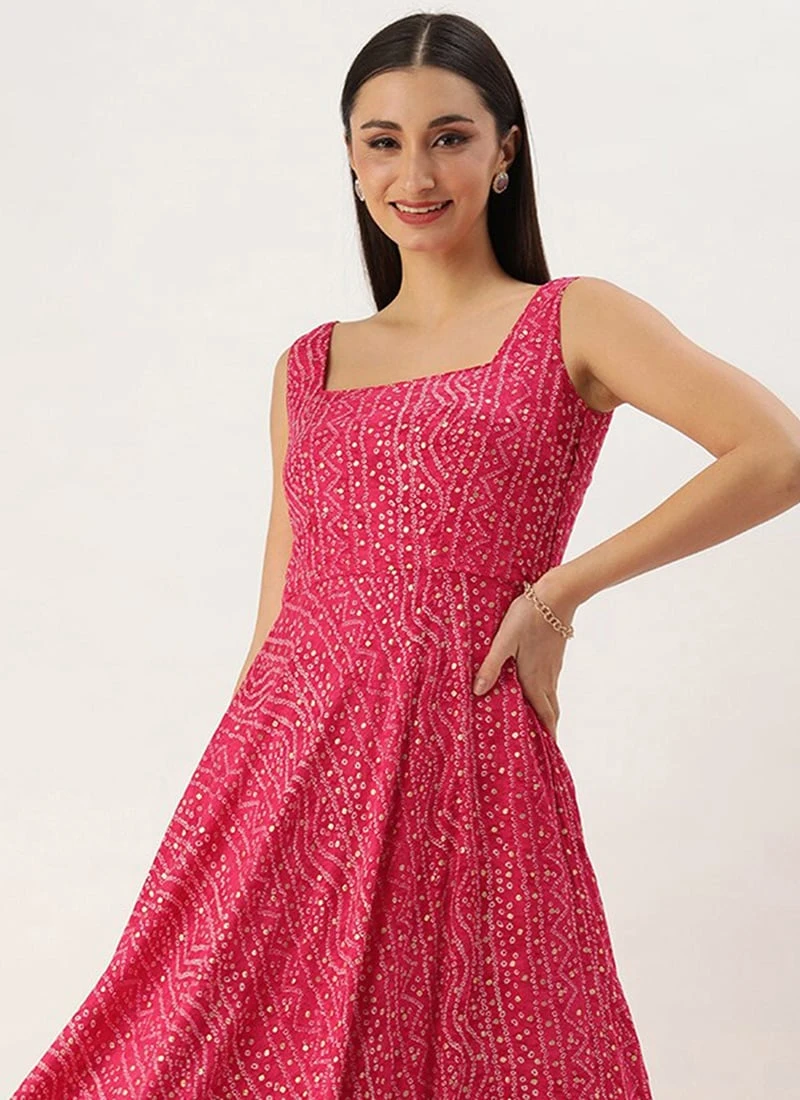 Pink Bandhani Printed Rayon Strap Neck Dress Festive Wear - Image 5