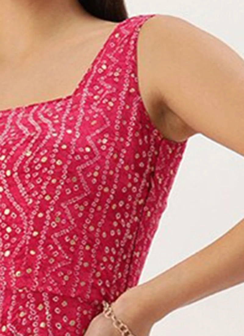 Pink Bandhani Printed Rayon Strap Neck Dress Festive Wear - Image 7