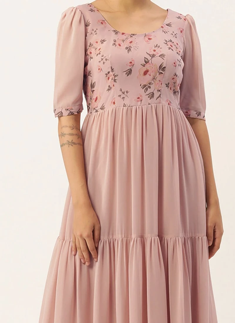 Pink Digital Printed Gathers Dress Festive Wear After Six Wear