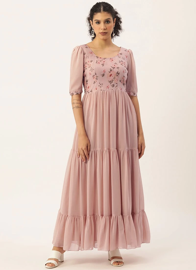 Pink Digital Printed Gathers Dress Festive Wear After Six Wear - Image 3