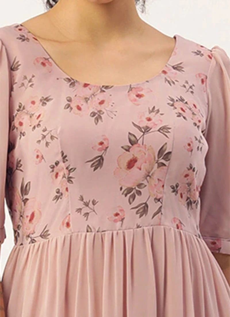 Pink Digital Printed Gathers Dress Festive Wear After Six Wear - Image 5