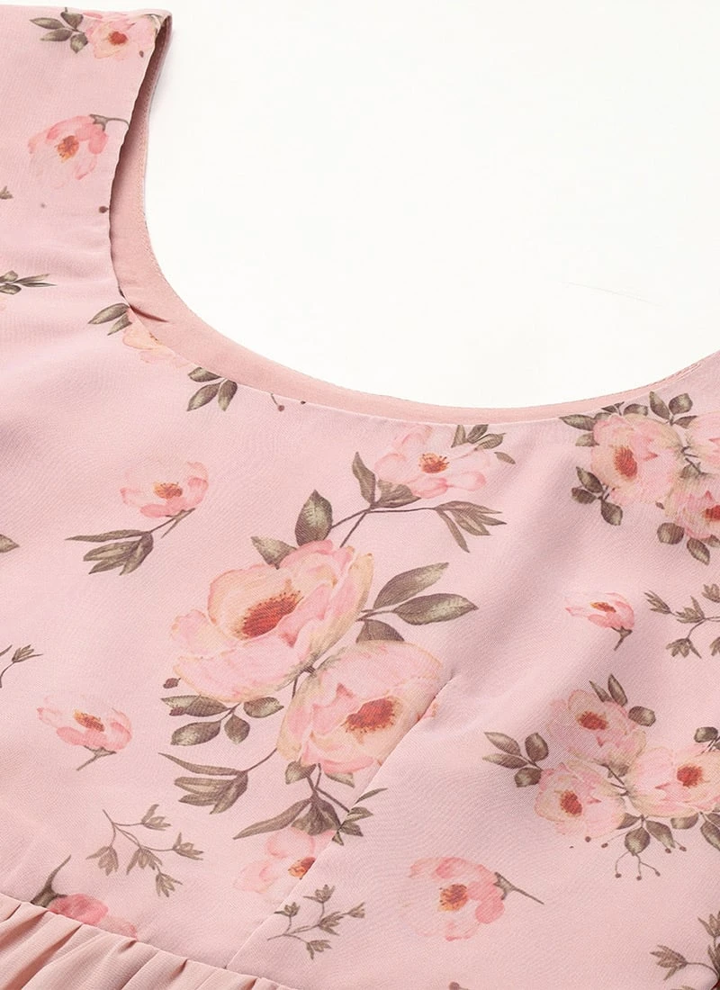 Pink Digital Printed Gathers Dress Festive Wear After Six Wear - Image 6