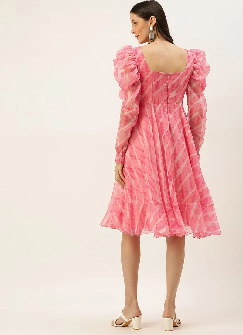 Pink Digital Printed Organza Dress Party Wear After Six Wear - Image 4