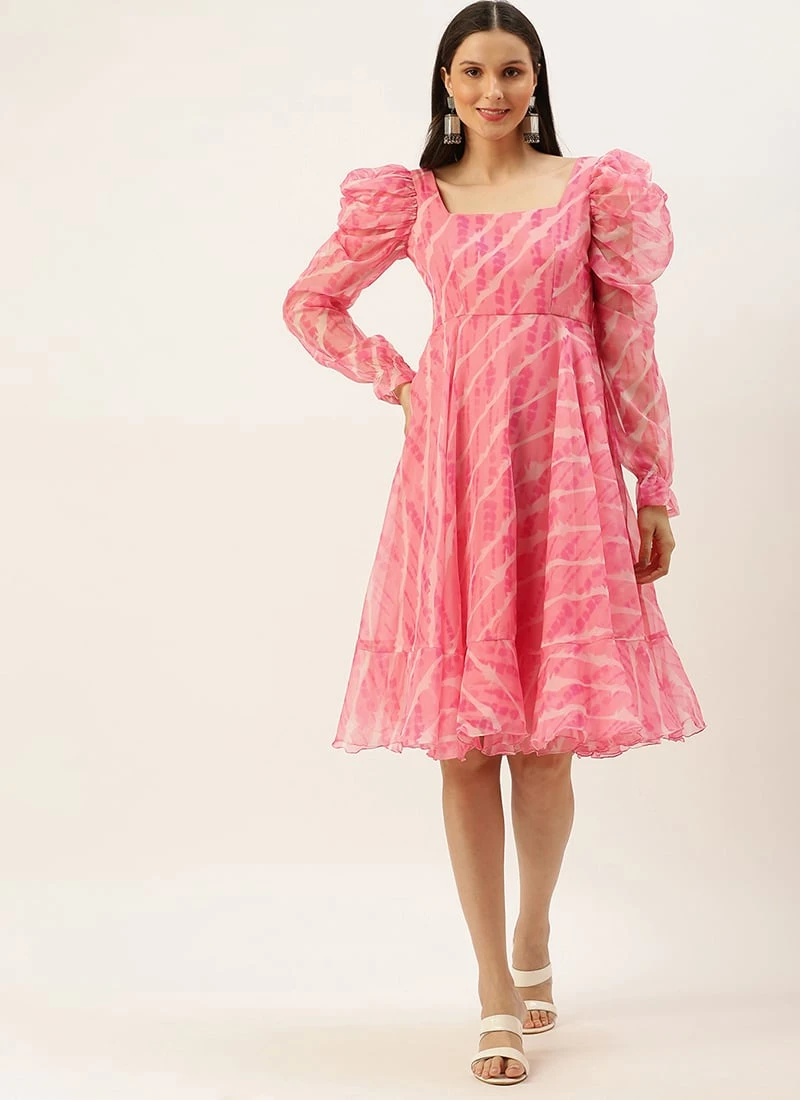 Pink Digital Printed Organza Dress Party Wear After Six Wear - Image 3
