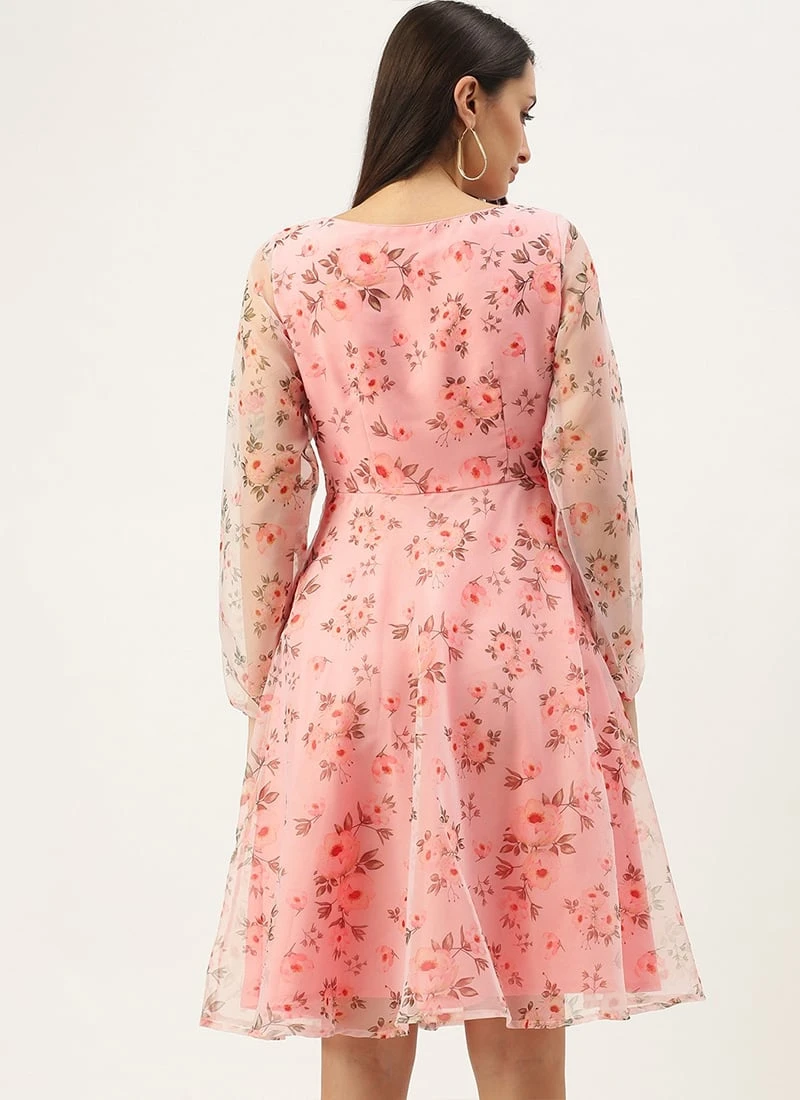 Pink Digital Printed Organza Knee Length Dress After Six Wear - Image 4