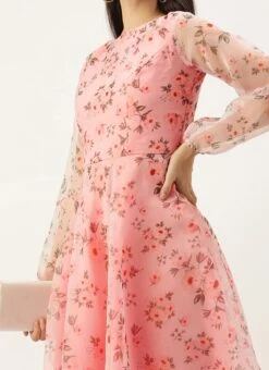 Pink Digital Printed Organza Knee Length Dress After Six Wear