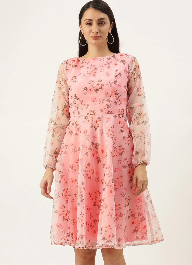 Pink Digital Printed Organza Knee Length Dress After Six Wear - Image 3