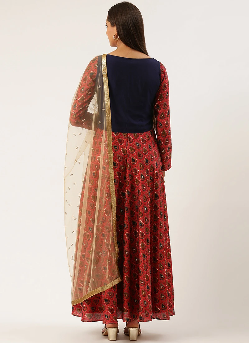 Pink N Blue Printed Jacket Anarkali Suit Festive Wear - Image 4