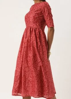 Pink Printed Cotton Gathered Calf Length Dress After Six Wear