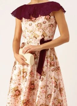 Pink Taffeta Digital Printed N Burgundy Dress Festive Wear