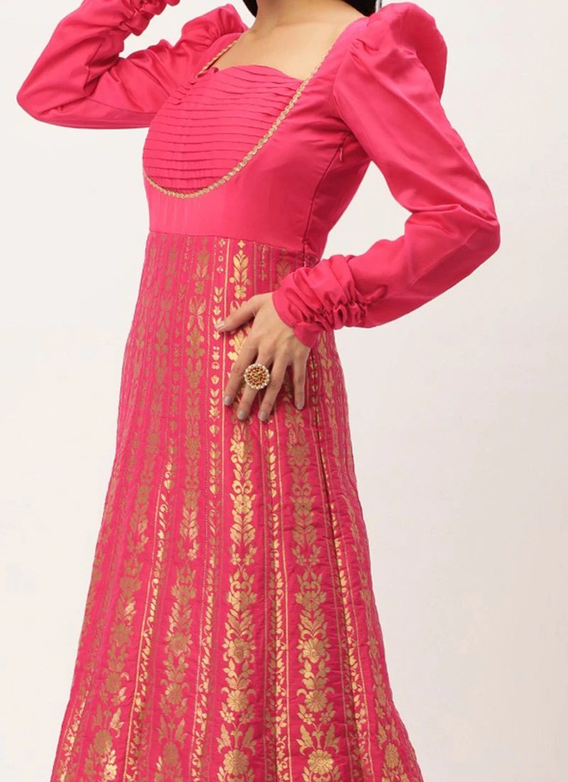 Pink Taffeta Jacquard Anarkali Set Festive Wear