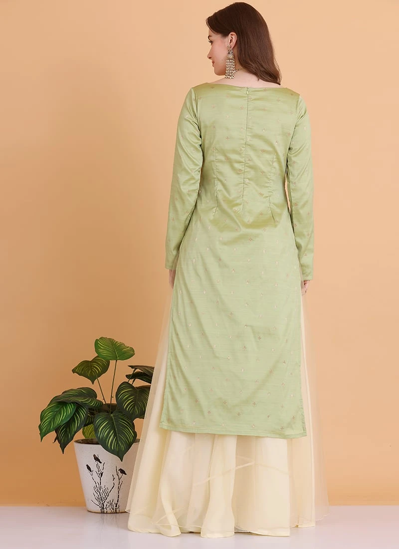 Top From Pista Green N Cream Printed Sharara Set After Six Wear - Image 4