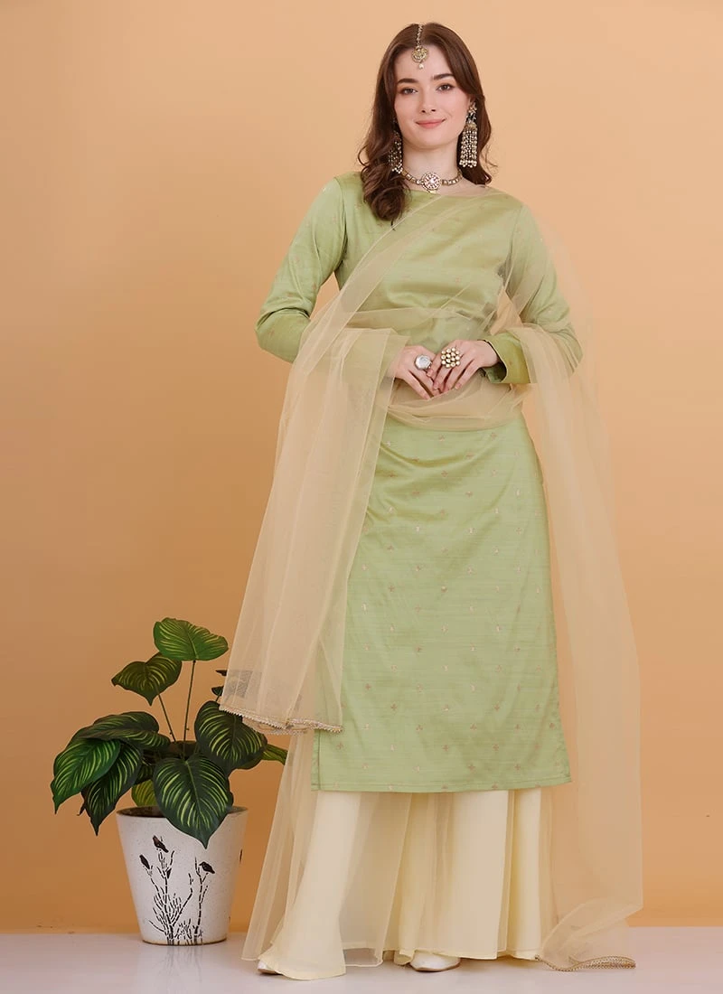 Top From Pista Green N Cream Printed Sharara Set After Six Wear - Image 3