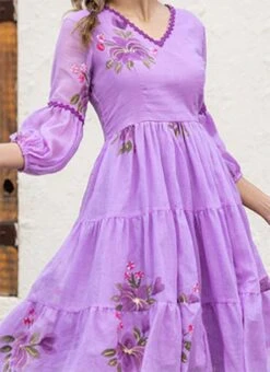 Purple Faux Chiffon Digital Print Fit And Flare Dress After Six Wear