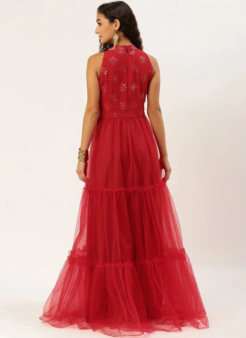 Red Georgette Embroidered Dress Festive Wear - Image 4