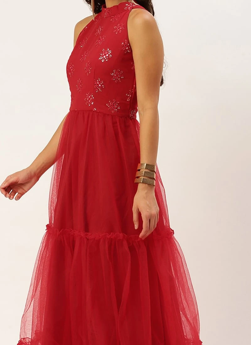 Red Georgette Embroidered Dress Festive Wear
