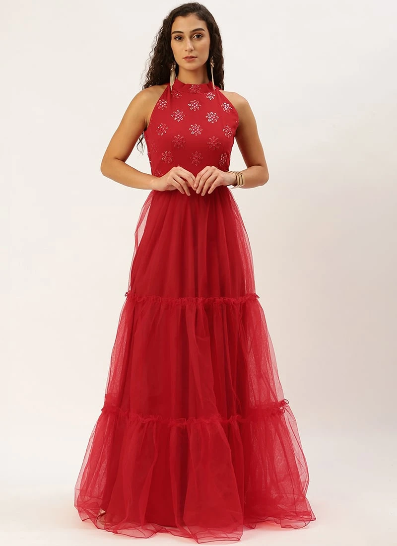 Red Georgette Embroidered Dress Festive Wear - Image 3