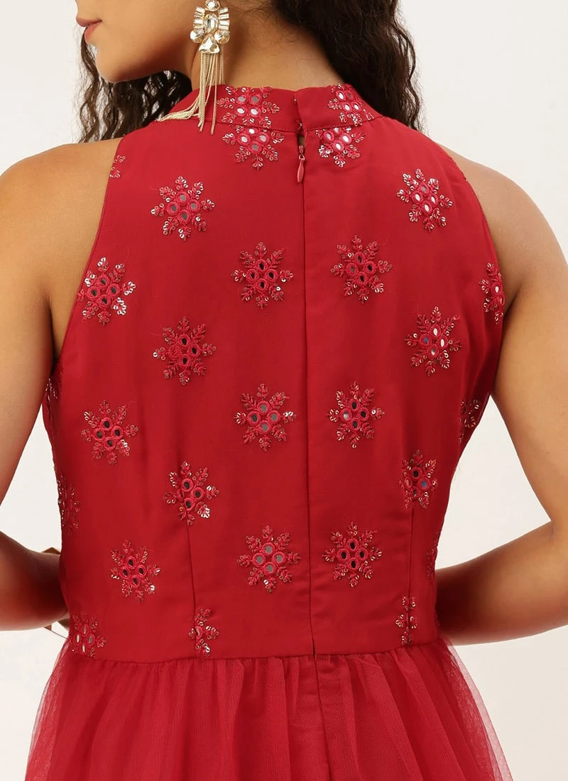 Red Georgette Embroidered Dress Festive Wear - Image 6