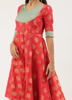 Red Jacquard N Sea Green Anarkali Suit Festive Wear