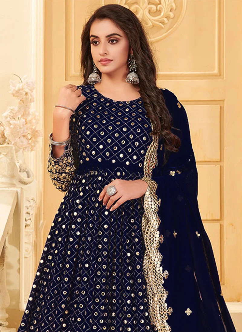 Royal Blue Georgette Mirror Embroidered Anarkali Suit Party Wear - Image 4