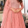 Salmon Pink Georgette Mirror Embroidery Anarkali Suit Party Wear