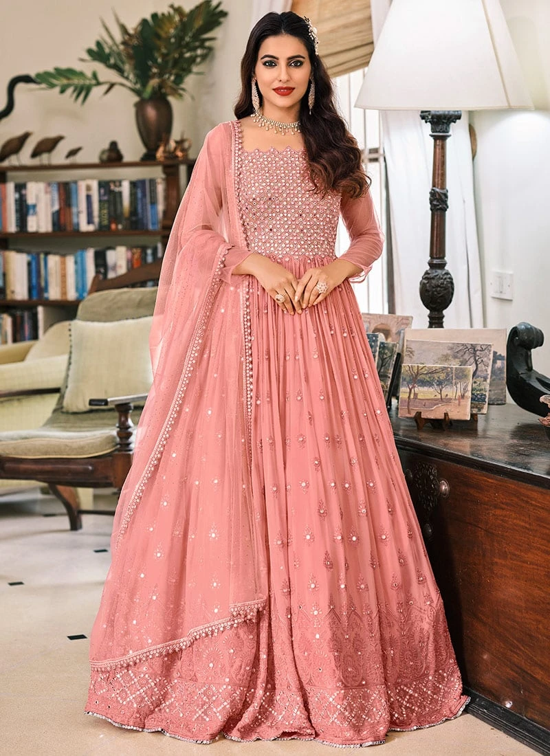 Salmon Pink Georgette Mirror Embroidery Anarkali Suit Party Wear - Image 3
