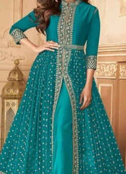 Shamita Shetty Turquoise Georgette Embroidered Ana Party Wear